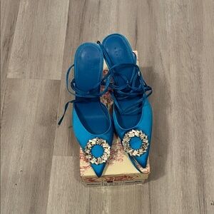 ASOS Turquoise Lace-Up Pointed Satin Heels with Crystal Embellishment